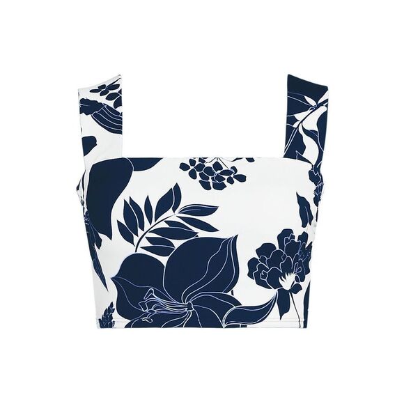 Land's End Plus Standard square neck soft cup tankini white navy lilies Various - Picture 1 of 6